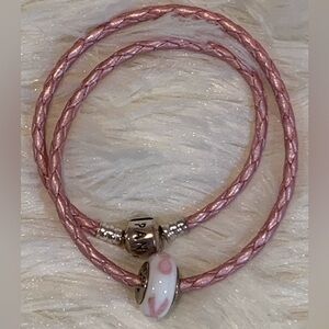 Genuine PANDORA Pink LEATHER Double Charm BRACELET W/Breast Cancer Charm